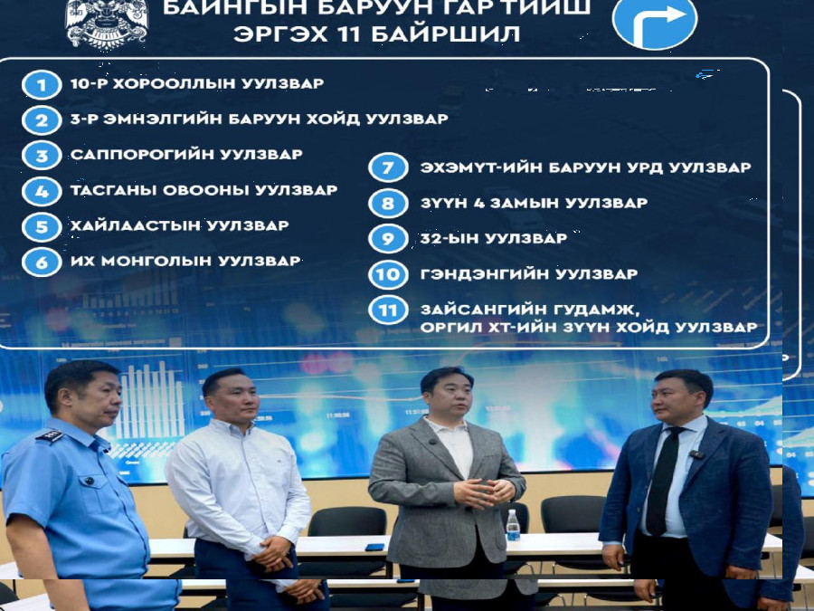 Дараах 11 уулзвараар зам тавьж өгөөд, баруун эргэж болно
